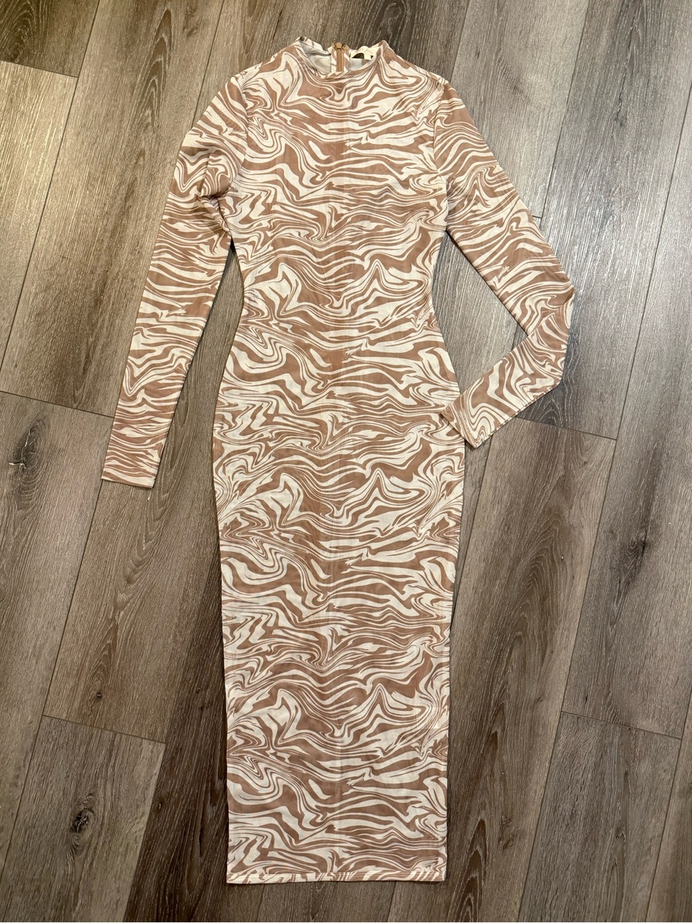 Meshki Brown Swirl Long Sleeve Sheer BodyCon Midi Dress Size Small